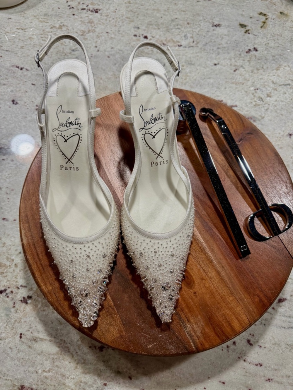 Christian Louboutin Ivory Crystal-Embellished Slingbacks